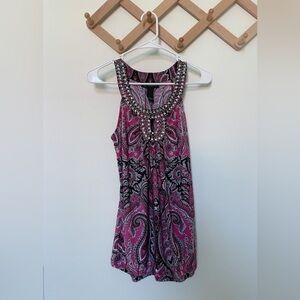 INC | Women's Jeweled Neckline Pink and Black Paisley Printed Top